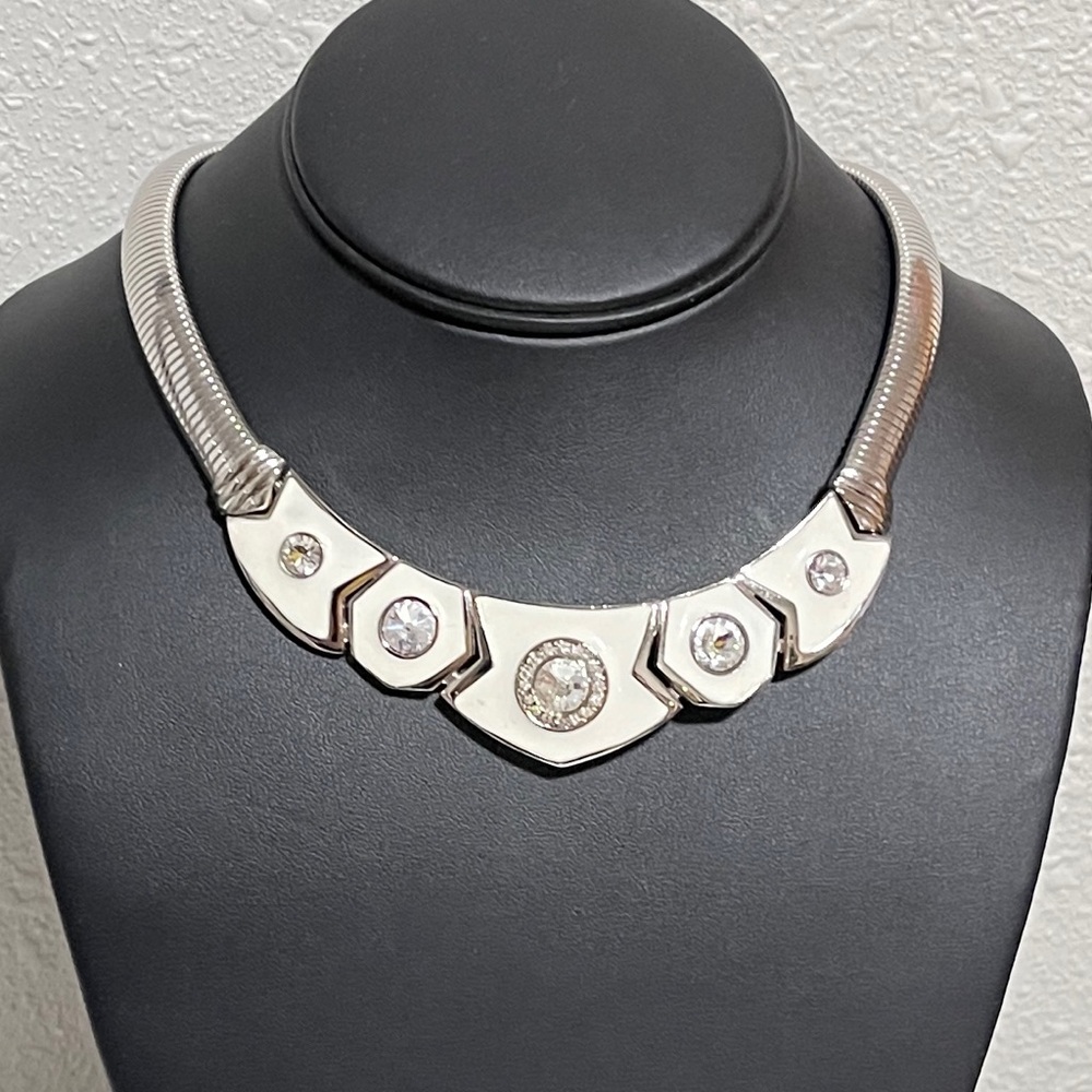 Necklace VTG 80s Bergdorf Goodman Omega Chain Silver Tone Enamel Rhinestone